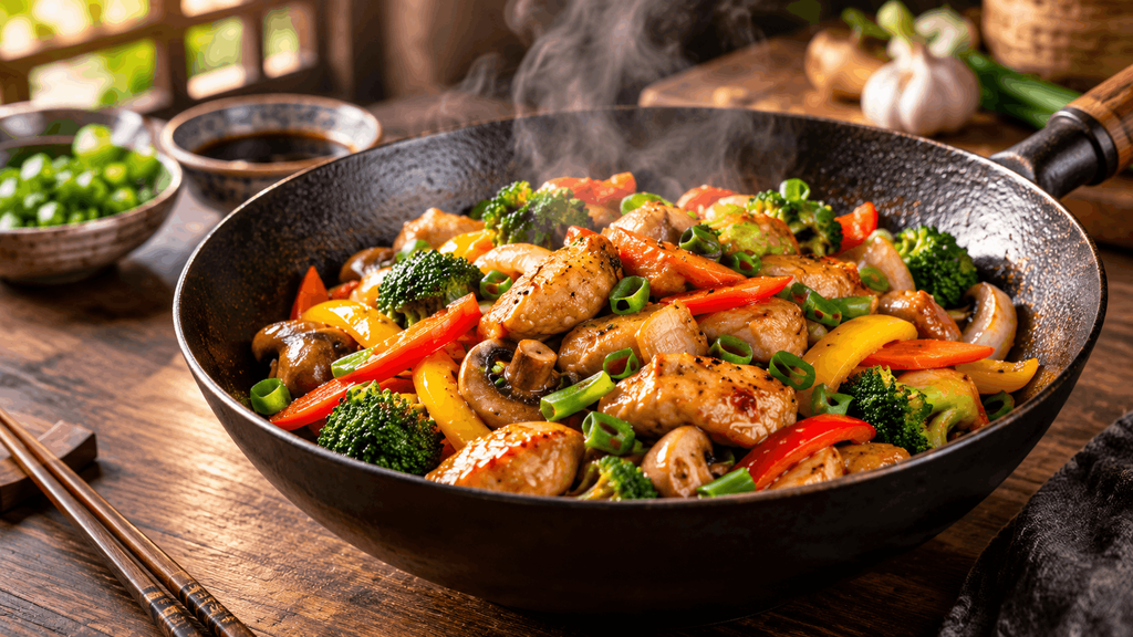 Easy Chinese chicken stir-fry with tender chicken, broccoli, bell peppers, carrots, mushrooms, and a savory sauce in a wok