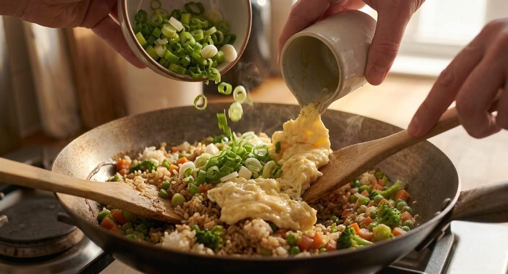 Chinese Fried Rice Recipe with chicken, vegetables, and scrambled eggs