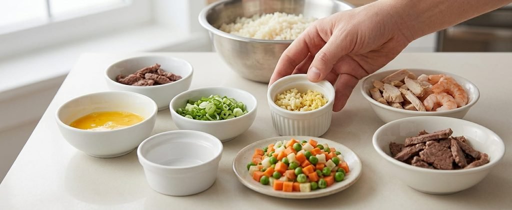 "Step-by-step guide to making easy homemade Chinese Chicken Fried Rice in a wok with fresh vegetables and eggs."