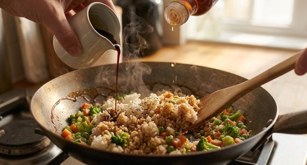 "Step-by-step guide to making easy homemade Chinese Chicken Fried Rice in a wok with fresh vegetables and eggs."