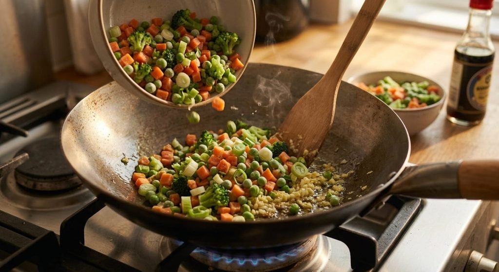 "Step-by-step guide to making easy homemade Chinese Chicken Fried Rice in a wok with fresh vegetables and eggs."