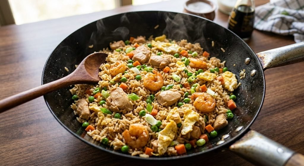 "Step-by-step guide to making easy homemade Chinese Chicken Fried Rice in a wok with fresh vegetables and eggs."