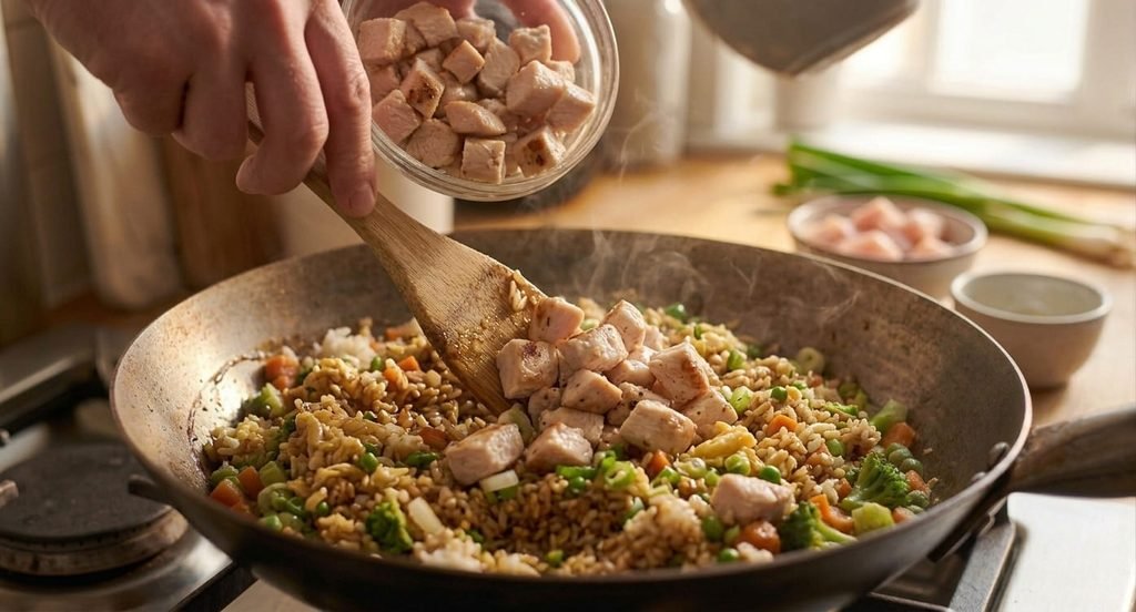 Chinese Fried Rice Recipe with chicken, vegetables, and scrambled eggs