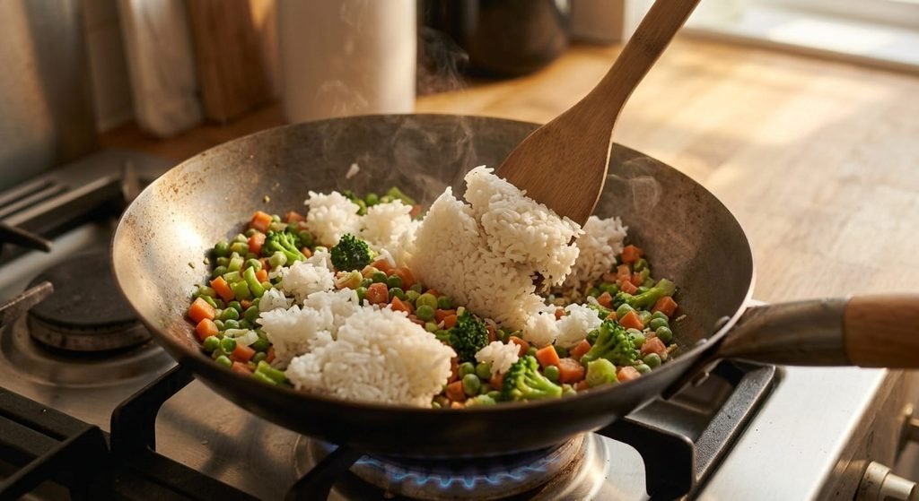 "Step-by-step guide to making easy homemade Chinese Chicken Fried Rice in a wok with fresh vegetables and eggs."