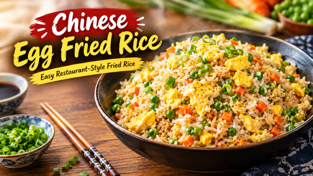 Ek professional Chinese Egg Fried Rice Recipe jismein wok, ingredients, aur step-by-step process dikhaya gaya hai.