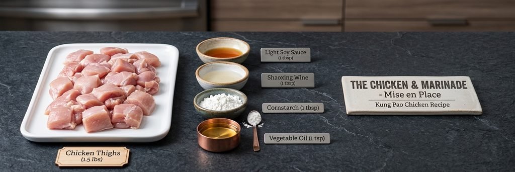 Ingredients for marinating chicken thighs for Kung Pao Chicken recipe