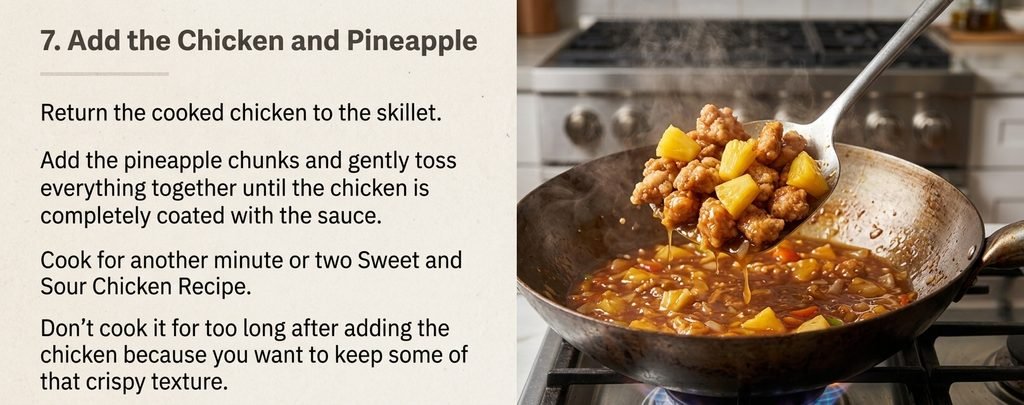 "Professional culinary guide infographic illustrating the step-by-step 'Sweet and Sour Chicken Recipe'. The image clearly shows the entire process from start to finish, including the mise en place of ingredients like chicken, bell peppers, pineapple, and homemade sauce; the dynamic action of stir-frying and mixing; the key thickening and simmering stages; and the final, appealing, glossy finished dish. The visual breakdown uses icons, sequential panels, and a polished presentation to demonstrate the ease and control over flavor provided by the recipe. This comprehensive visual guide provides a clear understanding of the 'Sweet and Sour Chicken Recipe' without needing to see each individual step."