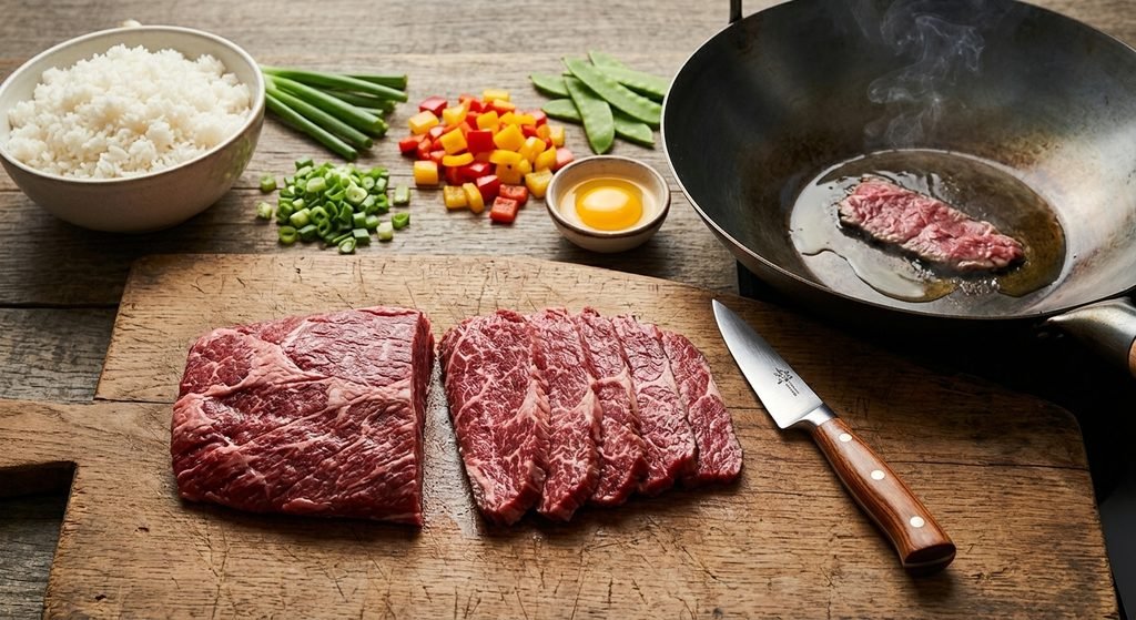 High-heat wok cooking setup and sliced ingredients for authentic Chinese beef fried rice
