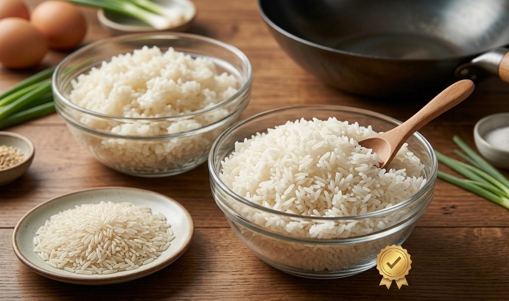 Ek professional Chinese Egg Fried Rice Recipe jismein wok, ingredients, aur step-by-step process dikhaya gaya hai.