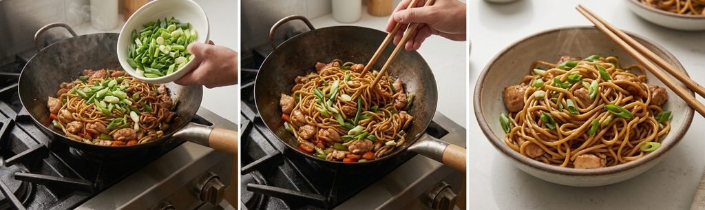 A beautiful collage of step-by-step photos illustrating how to make authentic Chinese chicken noodles, from preparing the fresh ingredients to serving a delicious, finished bowl.