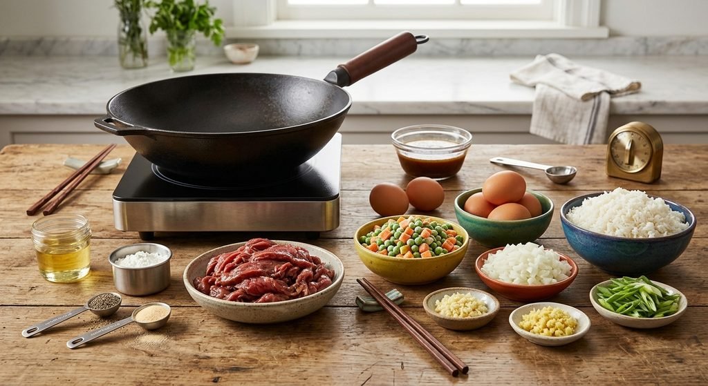 High-heat wok cooking setup and sliced ingredients for authentic Chinese beef fried rice