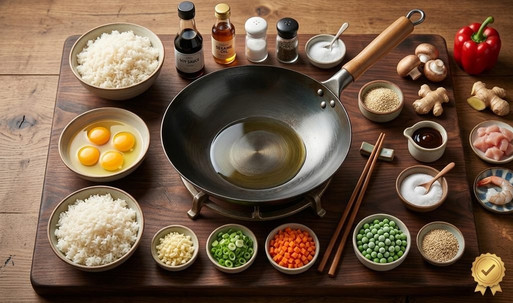 Ek professional Chinese Egg Fried Rice Recipe jismein wok, ingredients, aur step-by-step process dikhaya gaya hai.