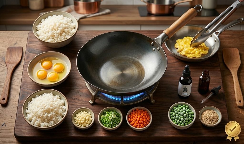 Ek professional Chinese Egg Fried Rice Recipe jismein wok, ingredients, aur step-by-step process dikhaya gaya hai.