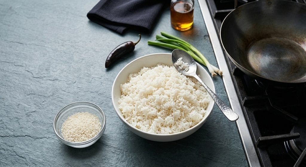 High-heat wok cooking setup and sliced ingredients for authentic Chinese beef fried rice