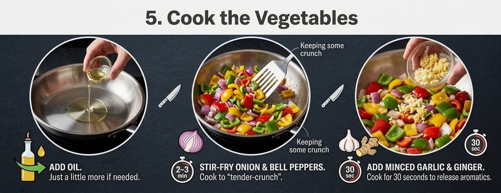 "Professional culinary guide infographic illustrating the step-by-step 'Sweet and Sour Chicken Recipe'. The image clearly shows the entire process from start to finish, including the mise en place of ingredients like chicken, bell peppers, pineapple, and homemade sauce; the dynamic action of stir-frying and mixing; the key thickening and simmering stages; and the final, appealing, glossy finished dish. The visual breakdown uses icons, sequential panels, and a polished presentation to demonstrate the ease and control over flavor provided by the recipe. This comprehensive visual guide provides a clear understanding of the 'Sweet and Sour Chicken Recipe' without needing to see each individual step."