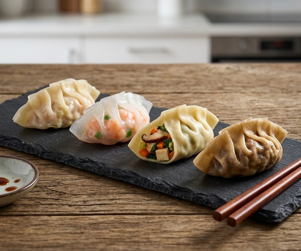 Different delicious filling variations including chicken, shrimp, and vegetable for Chinese Dumpling Recipe