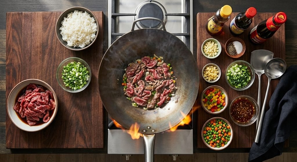 Fresh ingredients and wok prep for making Chinese beef fried rice recipe