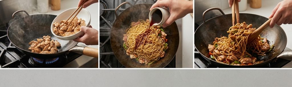 A beautiful collage of step-by-step photos illustrating how to make authentic Chinese chicken noodles, from preparing the fresh ingredients to serving a delicious, finished bowl.