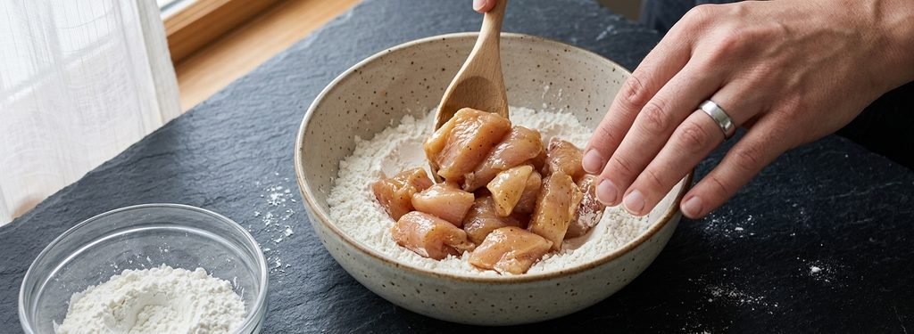 Coating chicken pieces in cornstarch for crispy Chinese Honey Chicken Recipe.