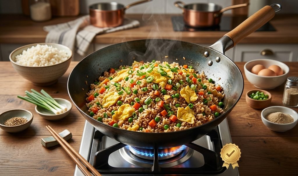 Ek professional Chinese Egg Fried Rice Recipe jismein wok, ingredients, aur step-by-step process dikhaya gaya hai.