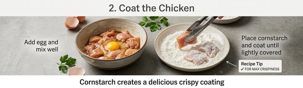 "Professional culinary guide infographic illustrating the step-by-step 'Sweet and Sour Chicken Recipe'. The image clearly shows the entire process from start to finish, including the mise en place of ingredients like chicken, bell peppers, pineapple, and homemade sauce; the dynamic action of stir-frying and mixing; the key thickening and simmering stages; and the final, appealing, glossy finished dish. The visual breakdown uses icons, sequential panels, and a polished presentation to demonstrate the ease and control over flavor provided by the recipe. This comprehensive visual guide provides a clear understanding of the 'Sweet and Sour Chicken Recipe' without needing to see each individual step."