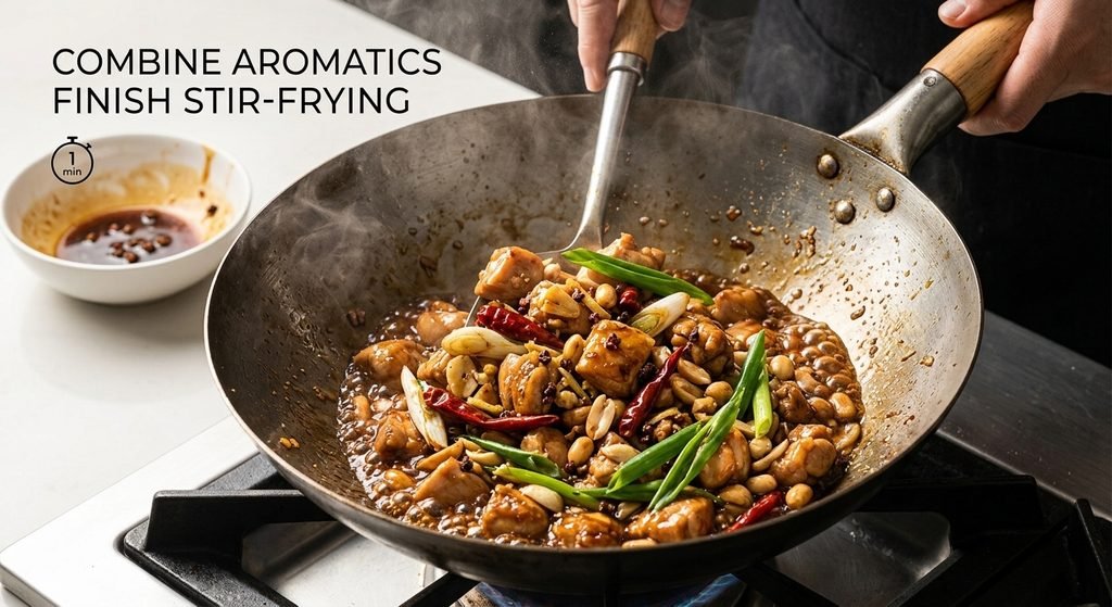 Kung Pao Chicken banane ke mukhtalif marahal ki professional tasveerain.