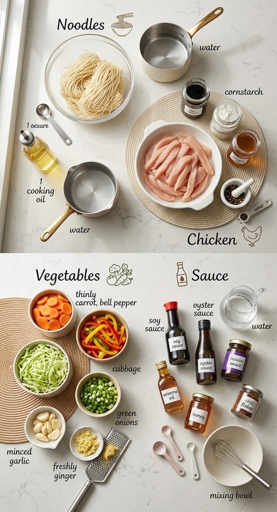 A beautiful collage of step-by-step photos illustrating how to make authentic Chinese chicken noodles, from preparing the fresh Chinese Chicken Noodles Recipe ingredients to serving a delicious, finished bowl.