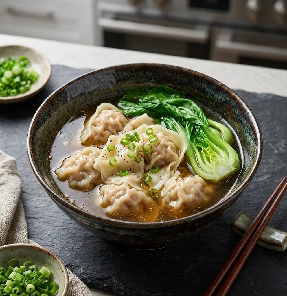 Homemade Chinese Wonton Soup Recipe served in a bowl with bok choy