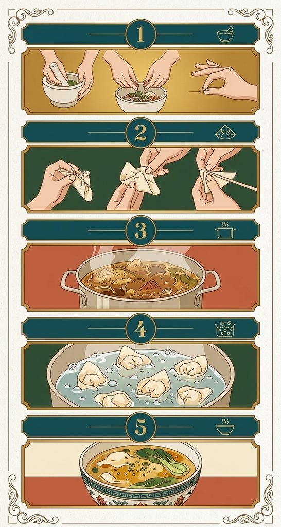 Step-by-step guide on how to fold dumplings for Wonton Soup Recipe