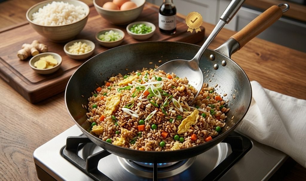 Ek professional Chinese Egg Fried Rice Recipe jismein wok, ingredients, aur step-by-step process dikhaya gaya hai.