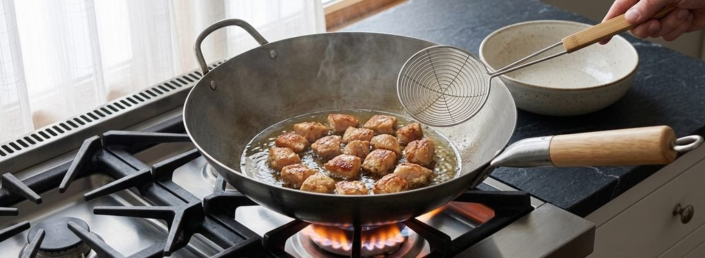 Frying chicken pieces in a wok for Chinese Honey Chicken Recipe.