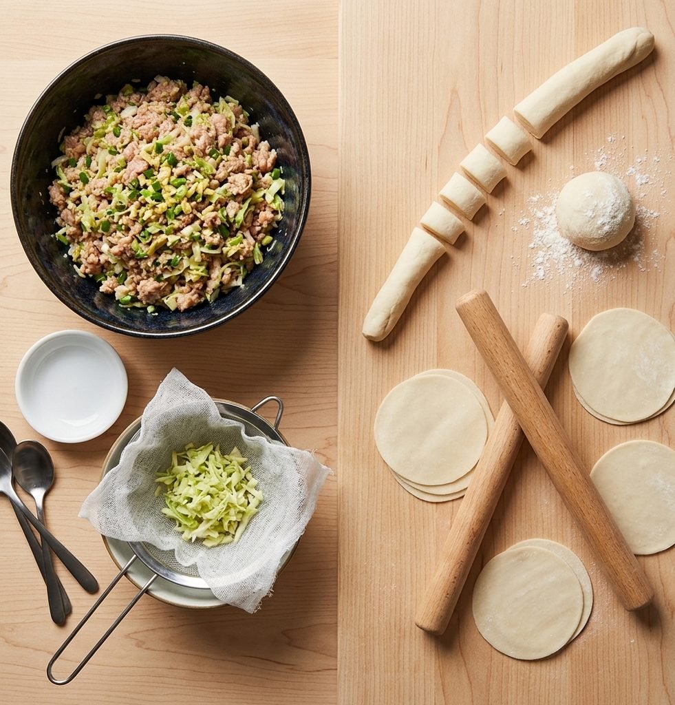 Preparing flavorful filling and rolling fresh wrappers for Chinese Dumpling Recipe