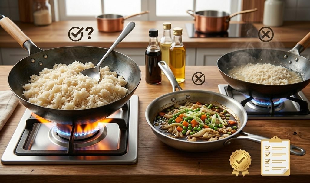Ek professional Chinese Egg Fried Rice Recipe jismein wok, ingredients, aur step-by-step process dikhaya gaya hai.