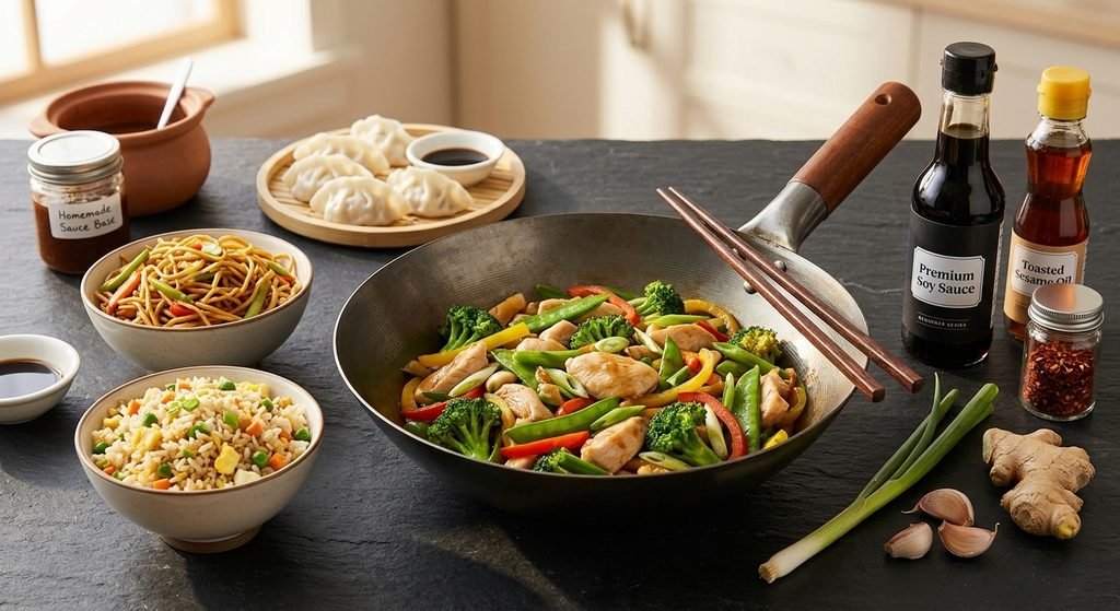 Easy Chinese Food Recipes for a homemade dinner Assorted Chinese food recipes on a table