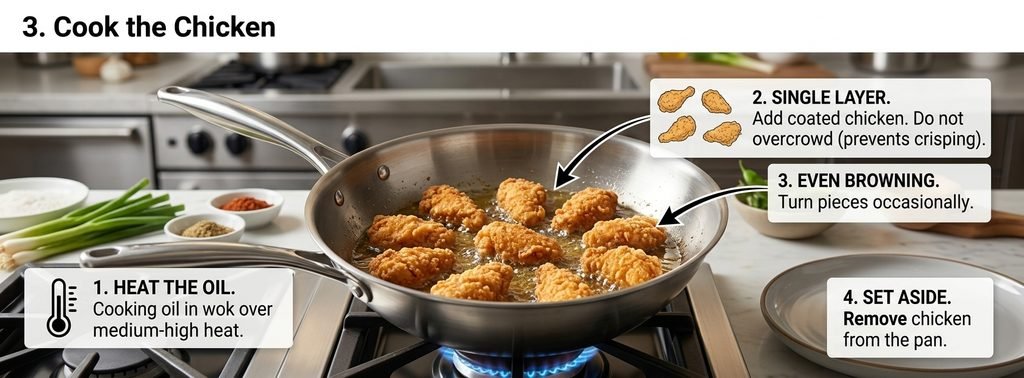"Professional culinary guide infographic illustrating the step-by-step 'Sweet and Sour Chicken Recipe'. The image clearly shows the entire process from start to finish, including the mise en place of ingredients like chicken, bell peppers, pineapple, and homemade sauce; the dynamic action of stir-frying and mixing; the key thickening and simmering stages; and the final, appealing, glossy finished dish. The visual breakdown uses icons, sequential panels, and a polished presentation to demonstrate the ease and control over flavor provided by the recipe. This comprehensive visual guide provides a clear understanding of the 'Sweet and Sour Chicken Recipe' without needing to see each individual step."