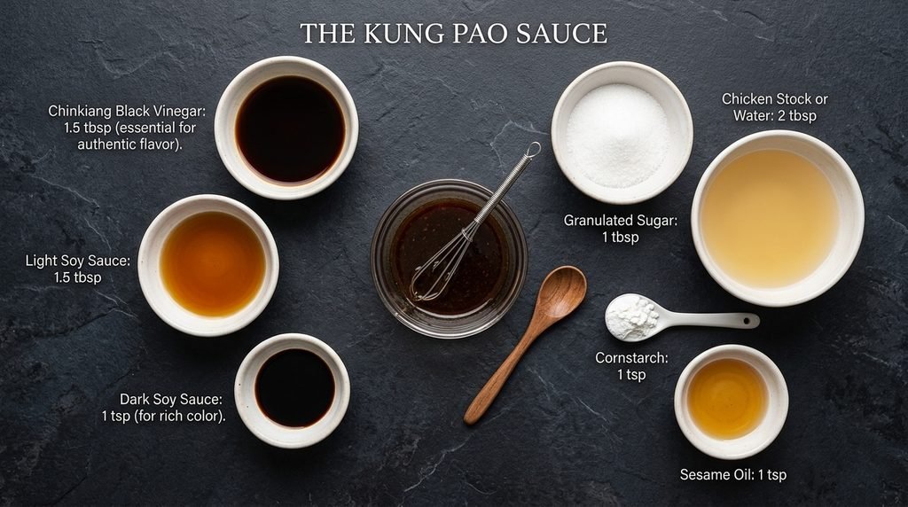 Kung Pao Chicken sauce ingredients including black vinegar and soy sauce