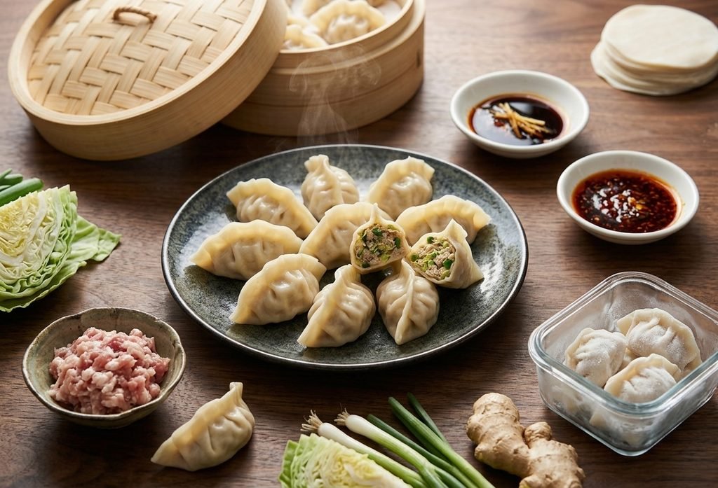 Delicious dumplings and ingredients showing the benefits of this Chinese Dumpling Recipe