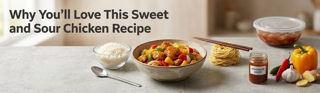 "Professional culinary guide Sweet and Sour Chicken Recipe infographic illustrating the step-by-step 'Sweet and Sour Chicken Recipe'. The image clearly shows the entire process from start to finish, including the mise en place of ingredients like chicken, bell peppers, pineapple, and homemade sauce; the dynamic action of stir-frying and mixing; the key thickening and simmering stages; and the final, appealing, glossy finished dish. The visual breakdown uses icons, sequential panels, and a polished presentation to demonstrate the ease and control over flavor provided by the recipe. This comprehensive visual guide provides a clear understanding of the 'Sweet and Sour Chicken Recipe' without needing to see each individual step."