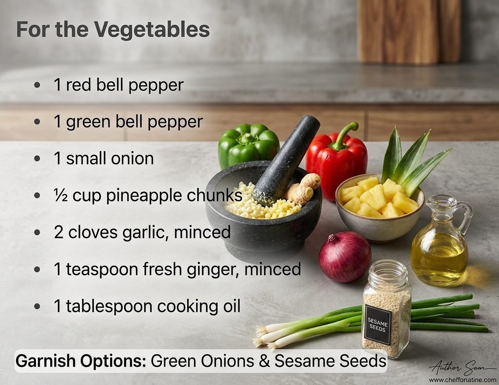 "Professional culinary guide infographic illustrating the step-by-step 'Sweet and Sour Chicken Recipe'. The image clearly shows the entire process from start to finish, including the mise en place of ingredients like chicken, bell peppers, pineapple, and homemade sauce; the dynamic action of stir-frying and mixing; the key thickening and simmering stages; and the final, appealing, glossy finished dish. The visual breakdown uses icons, sequential panels, and a polished presentation to demonstrate the ease and control over flavor provided by the recipe. This comprehensive visual guide provides a clear understanding of the 'Sweet and Sour Chicken Recipe' without needing to see each individual step."