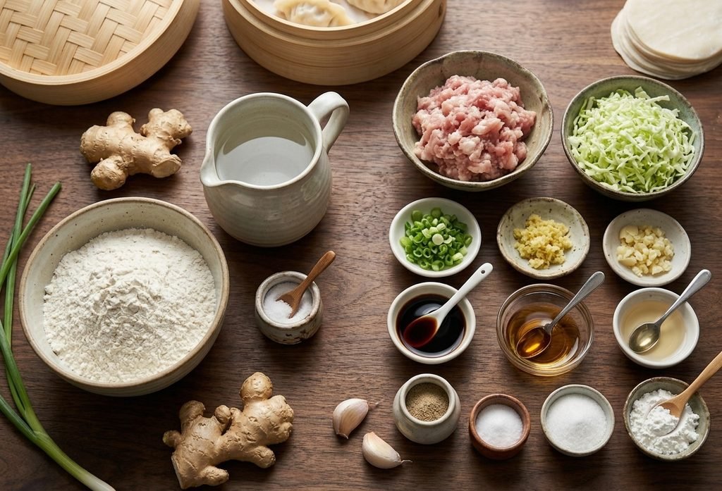 Fresh ingredients organized on table for homemade Chinese Dumpling Recipe