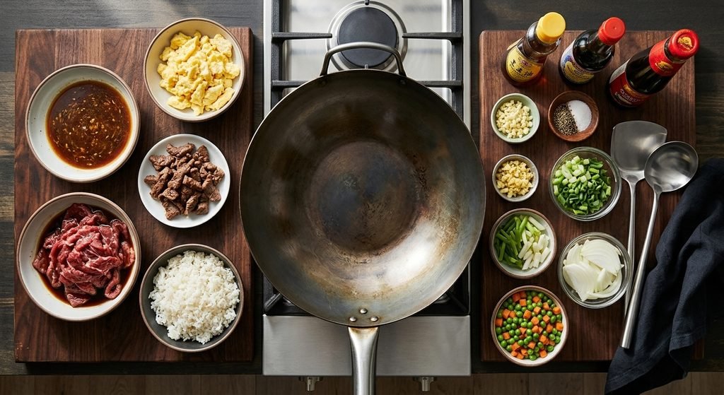 Fresh ingredients and wok prep for making Chinese beef fried rice recipe