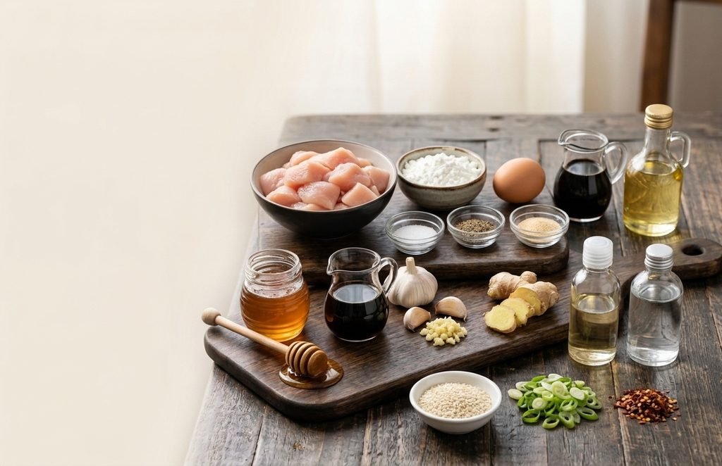 Ingredients laid out on a wooden table for Chinese Honey Chicken Recipe.