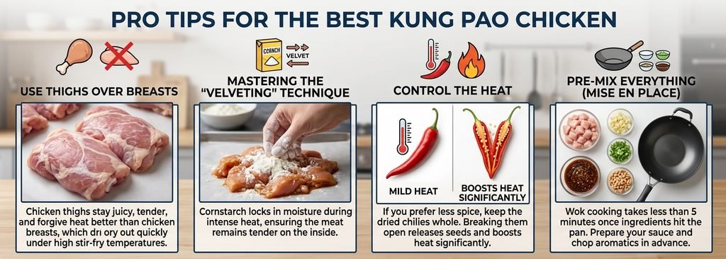 Kung Pao Chicken banane ke mukhtalif marahal ki professional tasveerain.