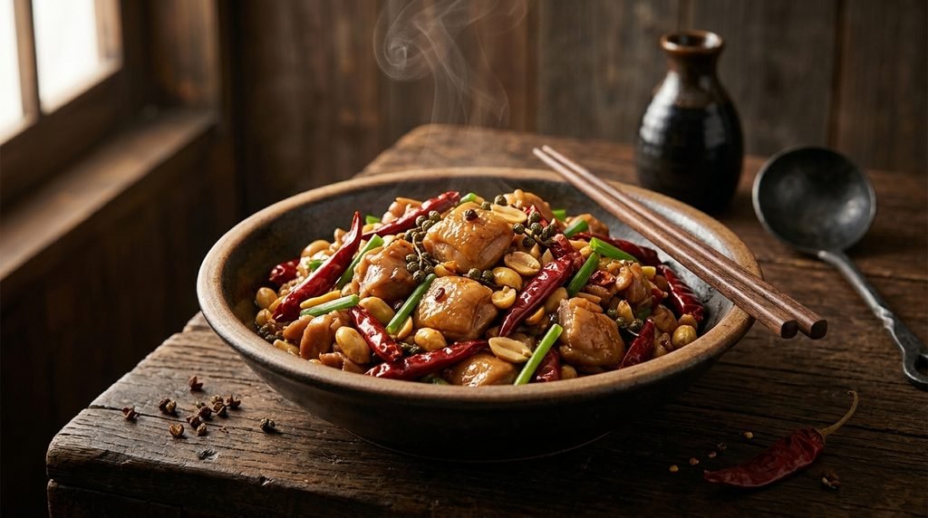 Authentic Sichuan style Kung Pao Chicken dish in a ceramic bowl