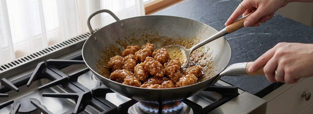 Tossing crispy chicken in sweet honey sauce for Chinese Honey Chicken Recipe.
