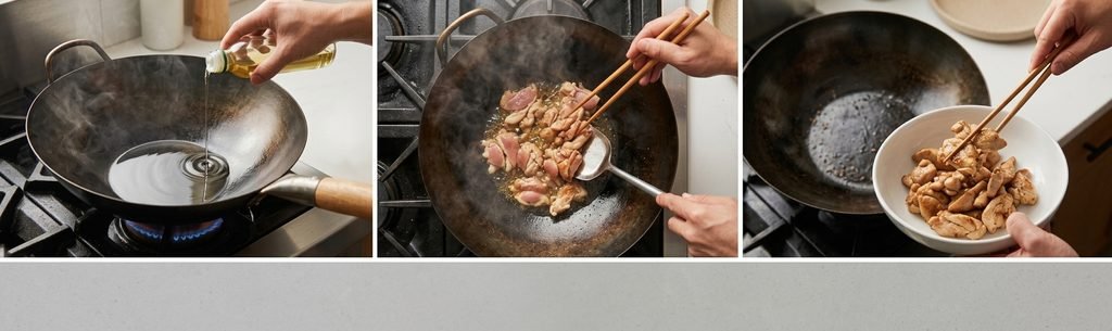 A beautiful collage of step-by-step photos illustrating how to make authentic Chinese chicken noodles, from preparing the fresh ingredients to serving a delicious, finished bowl.