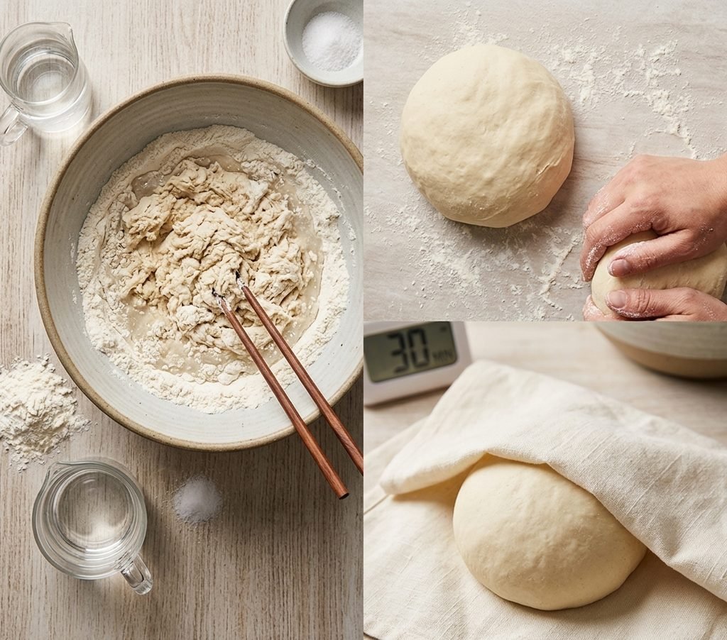 Step-by-step process of mixing and kneading dough for Chinese Dumpling Recipe