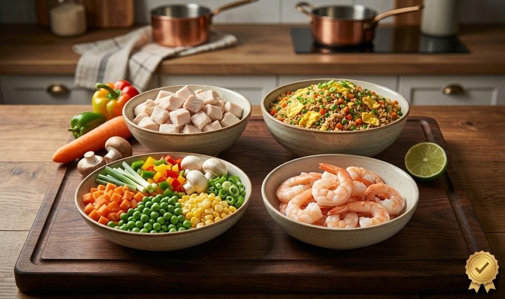 Ek professional Chinese Egg Fried Rice Recipe jismein wok, ingredients, aur step-by-step process dikhaya gaya hai.