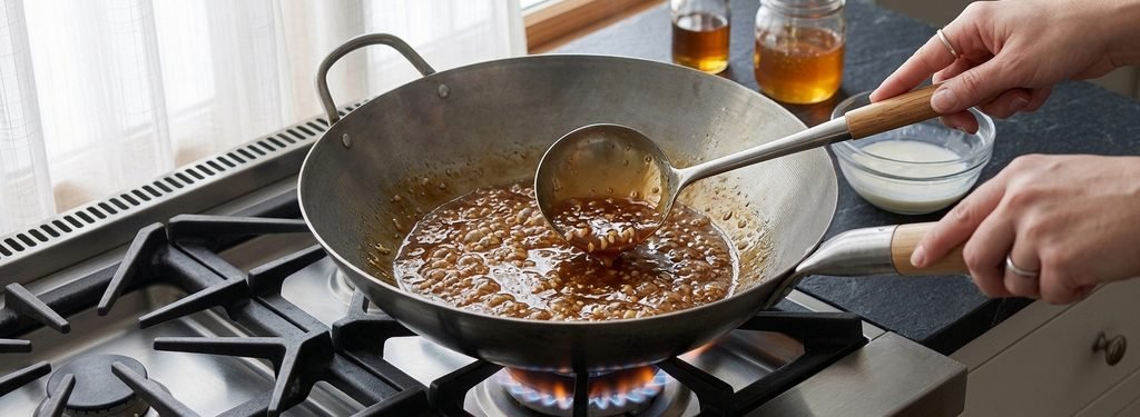 Preparing glossy honey sauce in a wok for Chinese Honey Chicken Recipe.