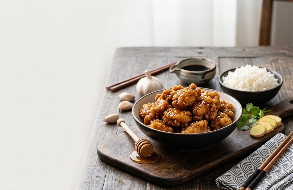 Delicious and crispy Chinese Honey Chicken Recipe served in a bowl with rice.